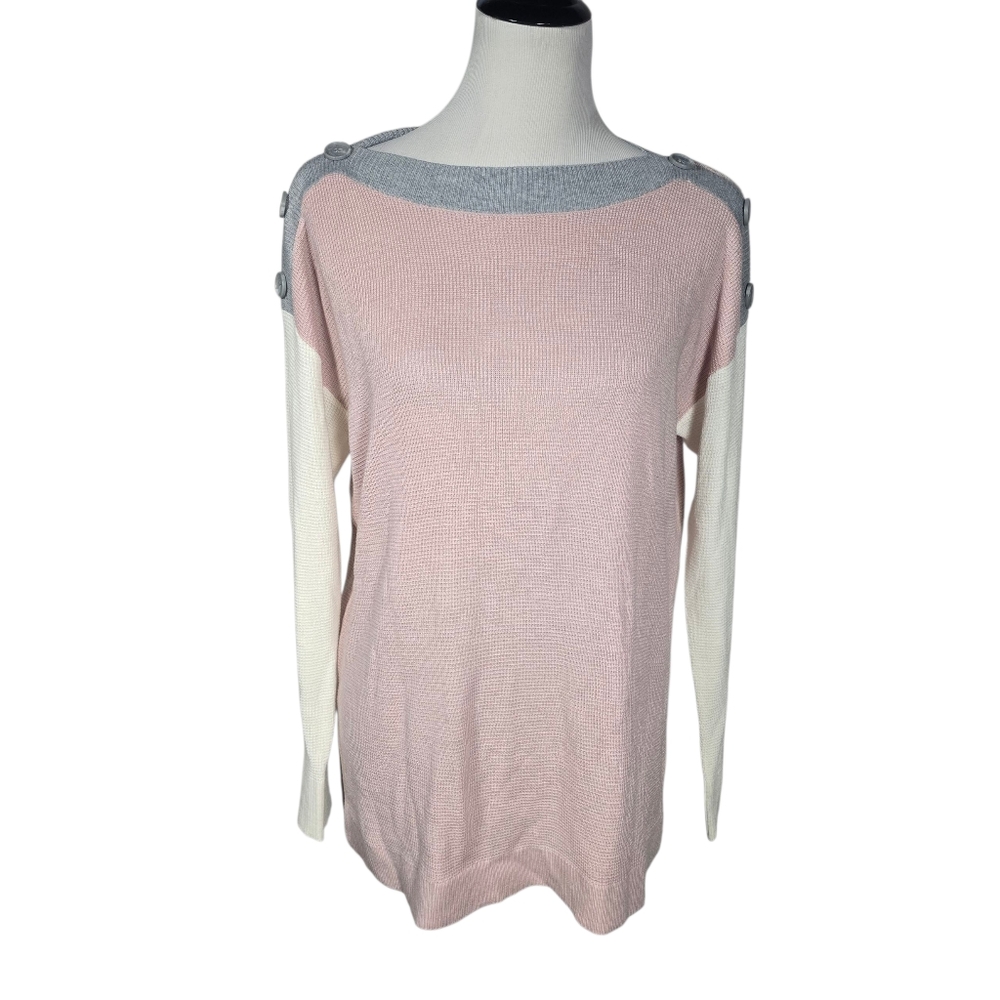 Vince Camuto Pink Gray Cream Button-Shoulder Colorblock Boatneck Sweater